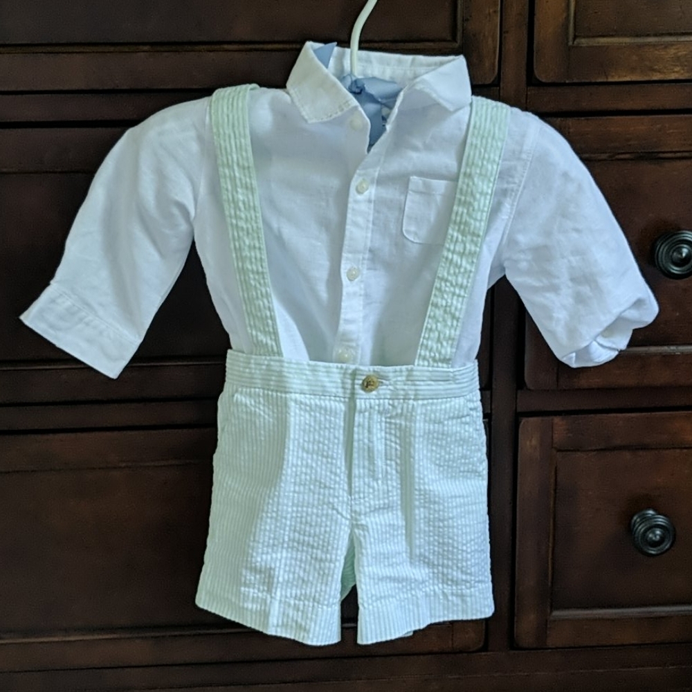Seersucker Suspender Shorts Linen Shirt Set